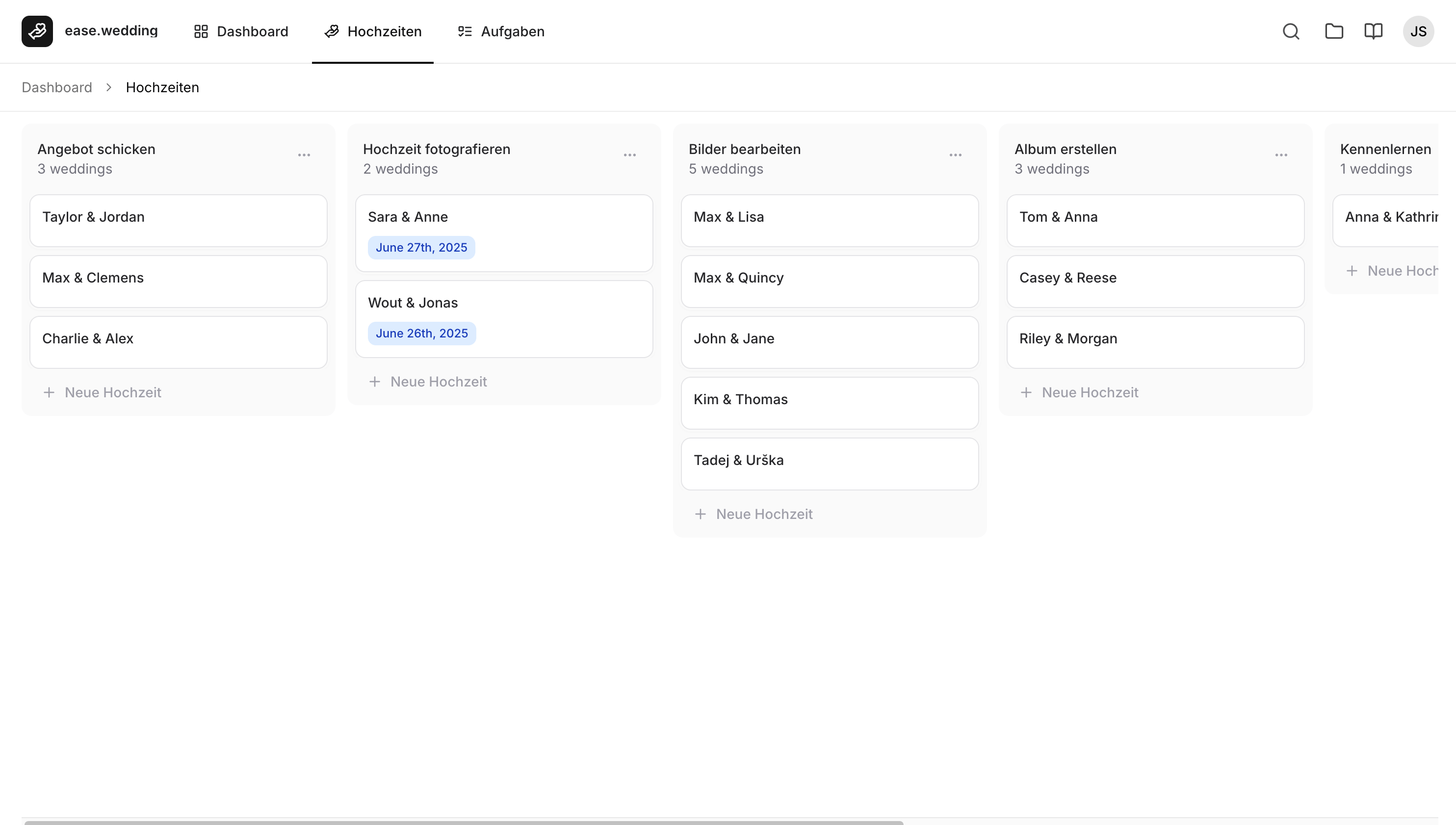 Wedding planning interface mockup